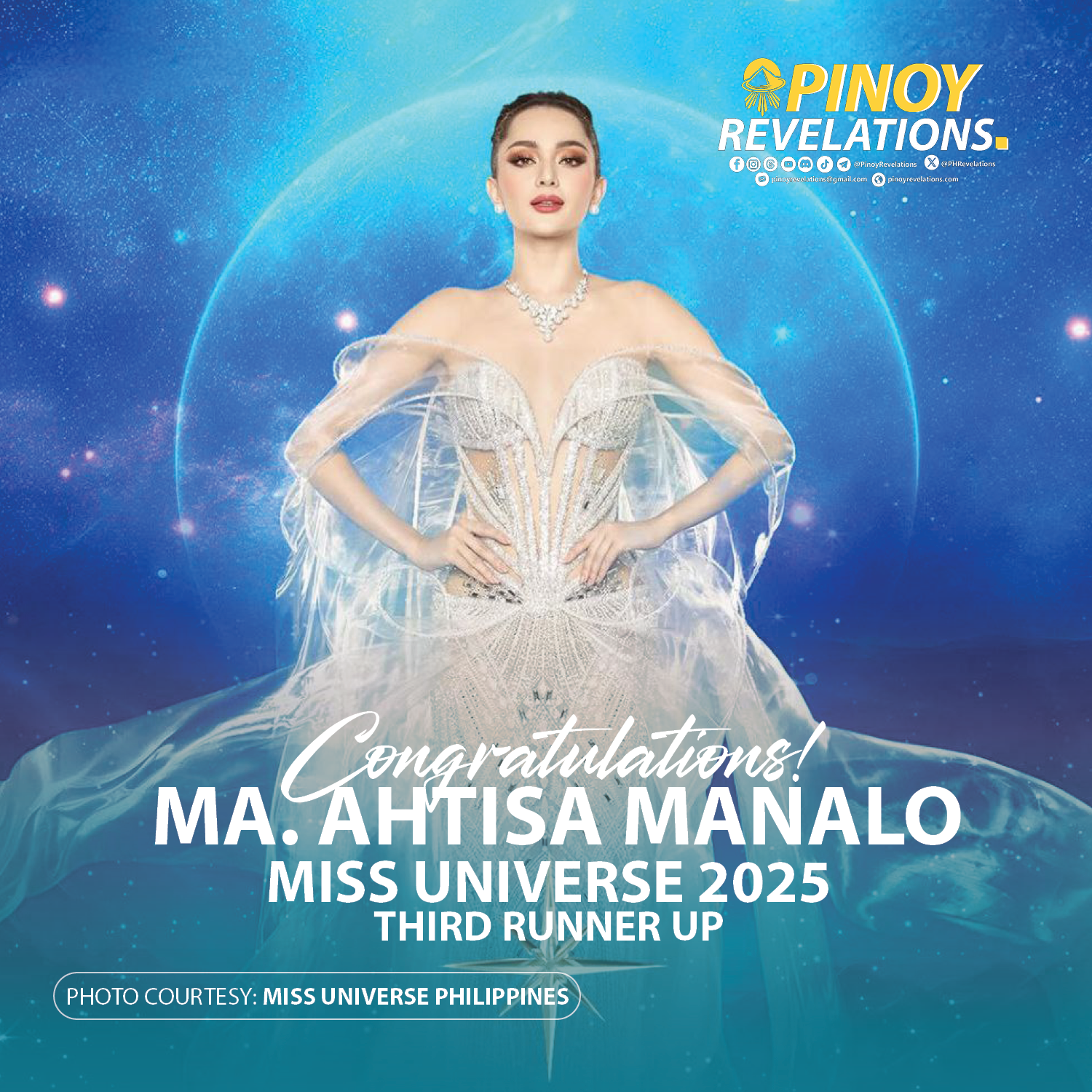 Ahtisa Manalo makes history: finishes as 3rd Runner-Up in Miss Universe 2025 Bangkok, Thailand — In a dazzling night at the 74th Miss Universe coronation held at the Impact Challenger Hall in Bangkok, Ahtisa Manalo brought pride to the Philippines, clinching the 3rd Runner-Up spot in a fiercely competitive global field. The crown ultimately went to Fátima Bosch of Mexico, while Praveenar Singh of Thailand and Stephany Abasali of Venezuela were named first and second runners-up, respectively. Olivia Yacé of Côte d’Ivoire rounded out the Top 5 as fourth runner-up.